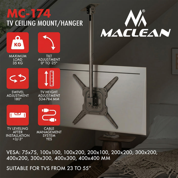 Таванна стойка/закачалка за телевизор Maclean, макс. натоварване 35 кг, 23–55", макс. VESA 400x400, MC-174