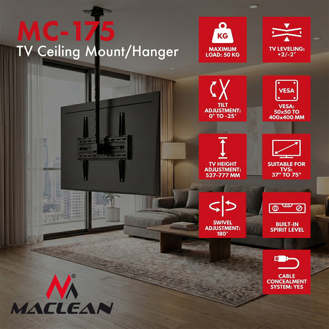 Таванна стойка/закачалка за телевизор Maclean, макс. натоварване 50 кг, 37–75", макс. VESA 400x400, MC-175