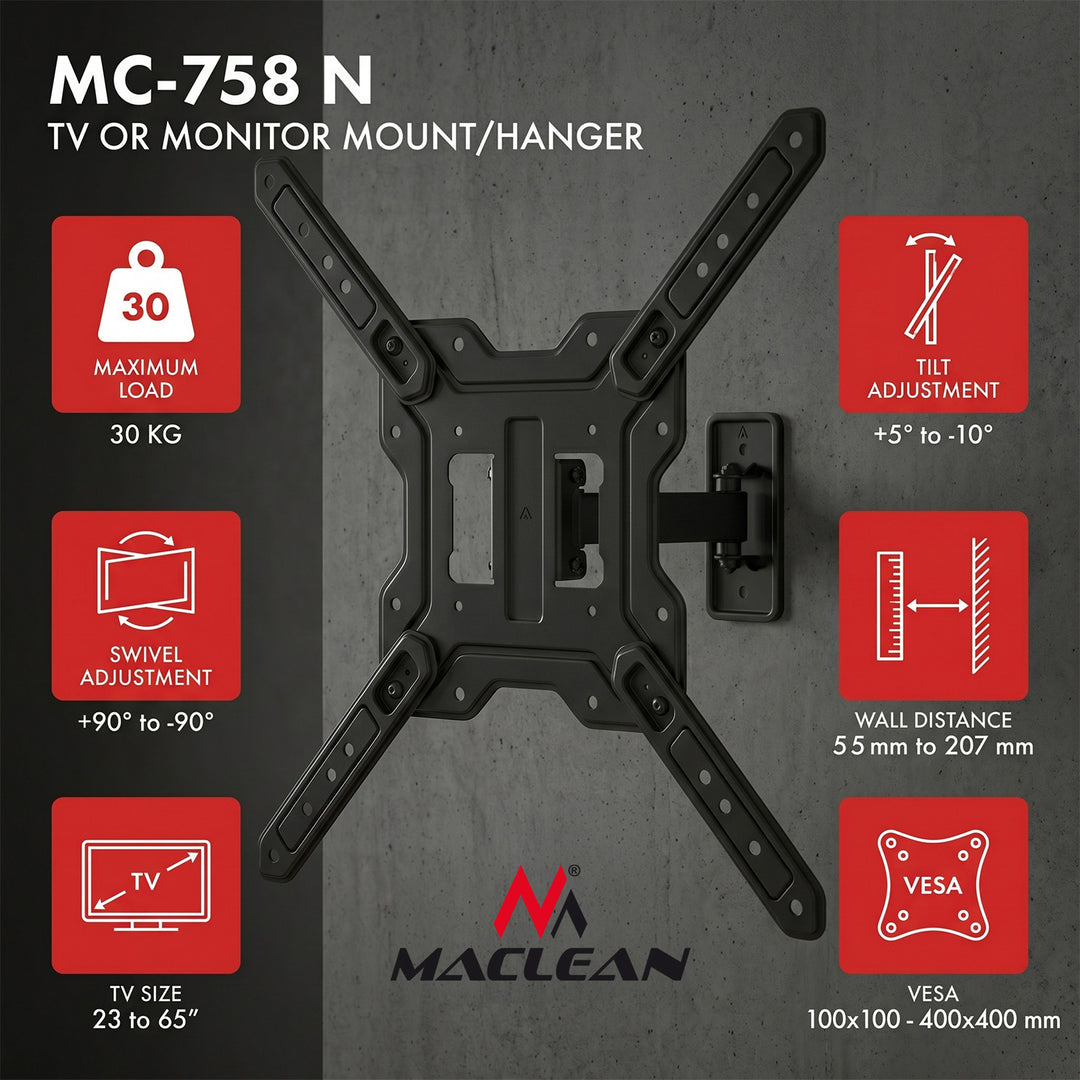 Стойка/закачалка за телевизор или монитор Maclean, макс. 23–65", макс. натоварване 30 кг, универсална, макс. VESA 400x400, MC-758 N