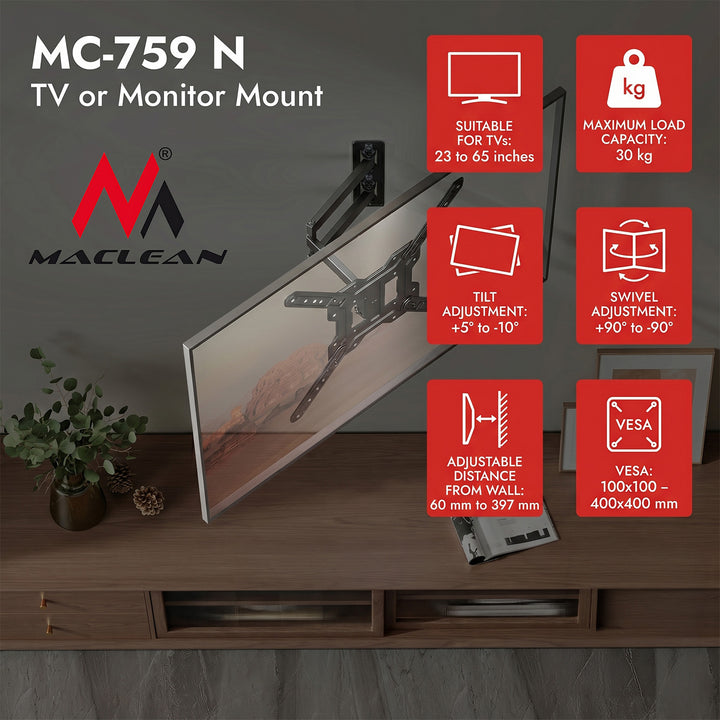 Стойка / закачалка за телевизор или монитор Maclean, макс. 23-65", макс. натоварване 30 кг, универсална, макс. VESA 400x400, MC-759 N