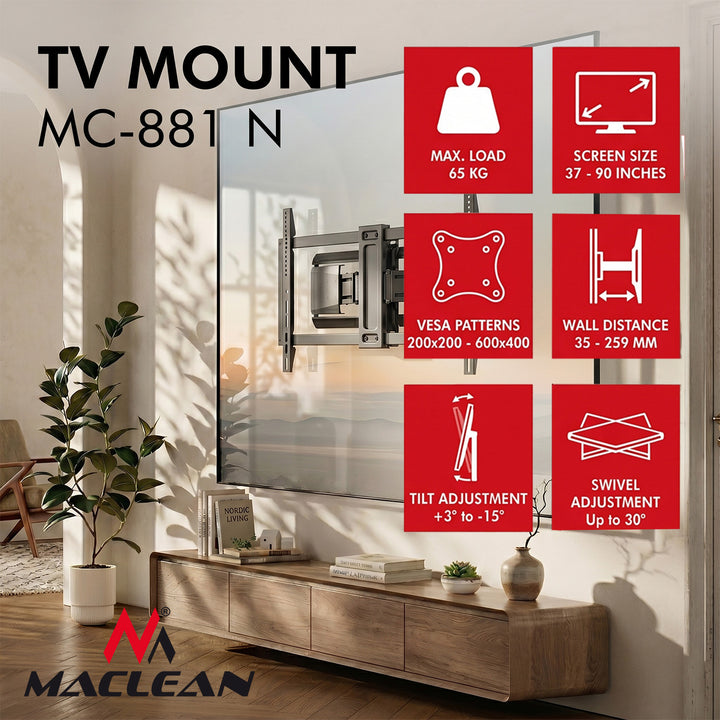 Стойка/закачалка за телевизор Maclean, макс. VESA 600x400, 37-90", макс. натоварване 65 кг, черна, MC-881 N