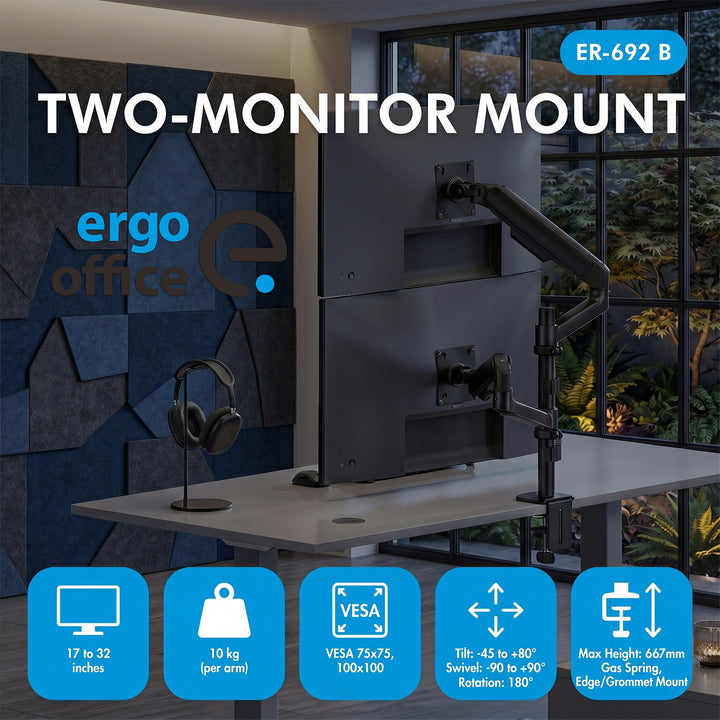Стойка / закачалка за 2 монитора Ergo Office, газово амортисьорно устройство, 17"-32", 1-10 кг, матово черно, ER-692 B