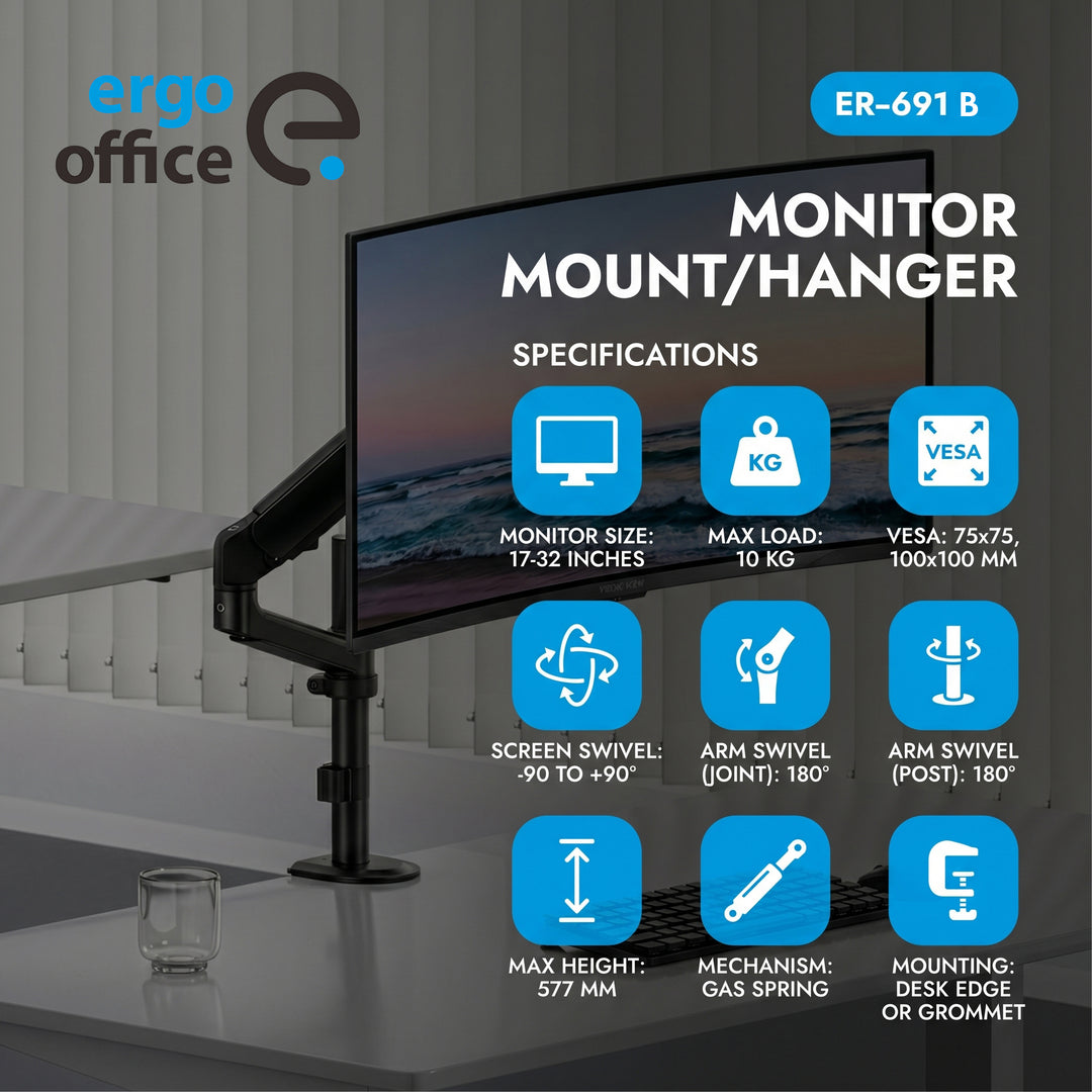 Стойка / закачалка за монитор Ergo Office, с газова пружина, 17"-32", 1-10 кг, матово черно, макс. VESA 100x100, ER-691 B