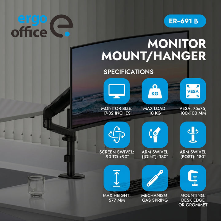 Стойка / закачалка за монитор Ergo Office, с газова пружина, 17"-32", 1-10 кг, матово черно, макс. VESA 100x100, ER-691 B