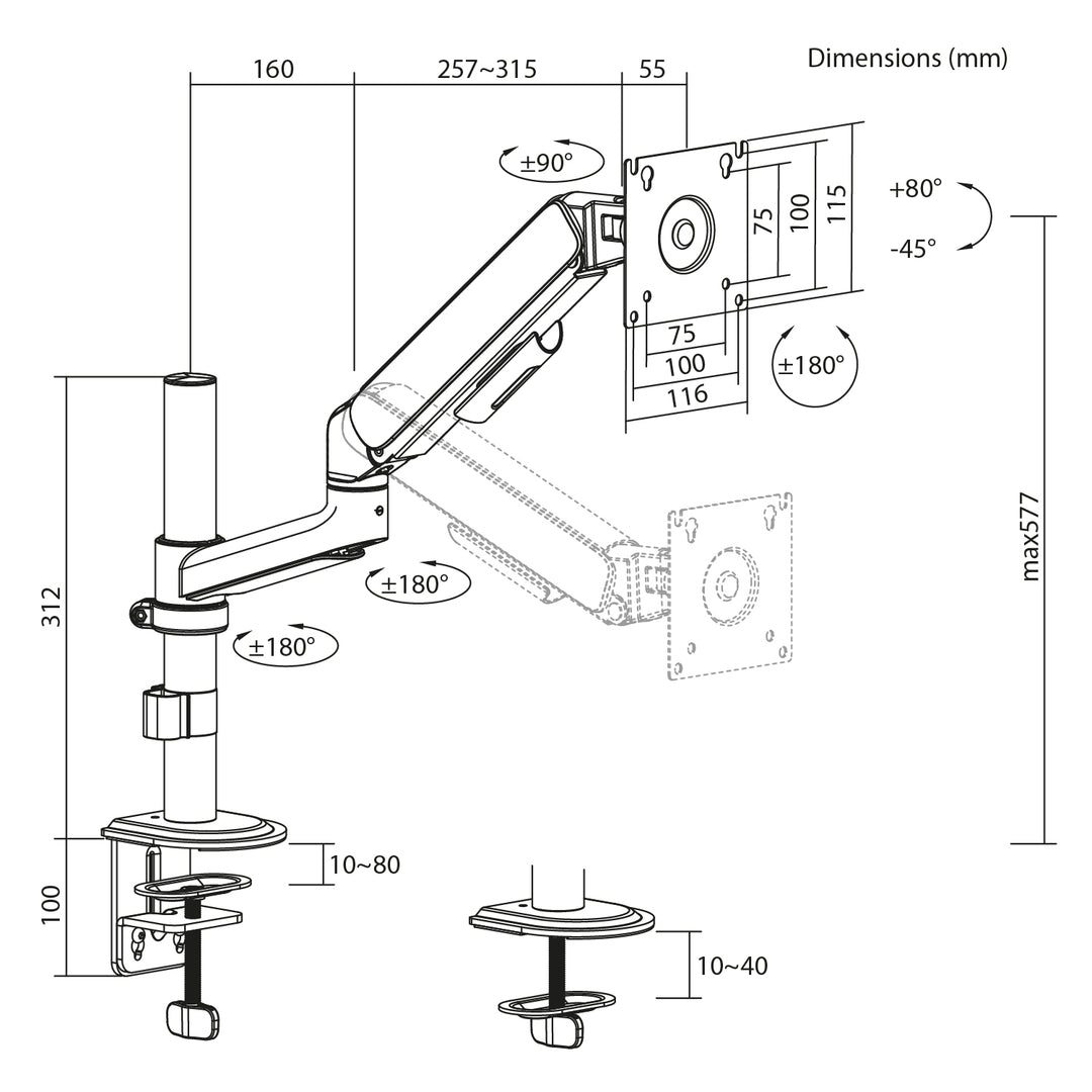 Стойка/закачалка за монитор Ergo Office, с газова пружина, 17"-32", 1-10 кг, матово бяло, макс. VESA 100x100, ER-691 W