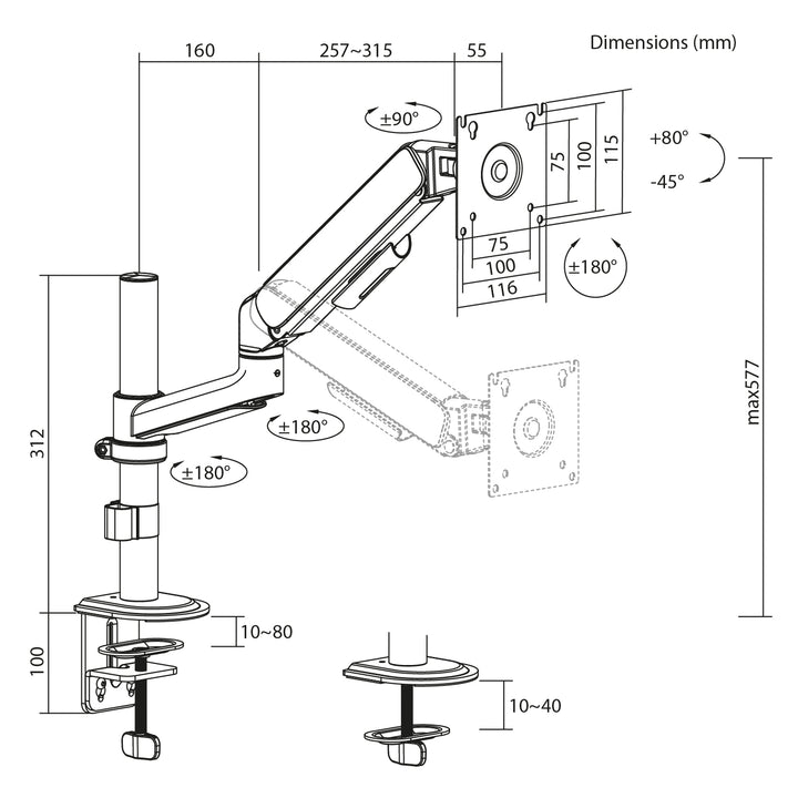 Стойка/закачалка за монитор Ergo Office, с газова пружина, 17"-32", 1-10 кг, матово бяло, макс. VESA 100x100, ER-691 W