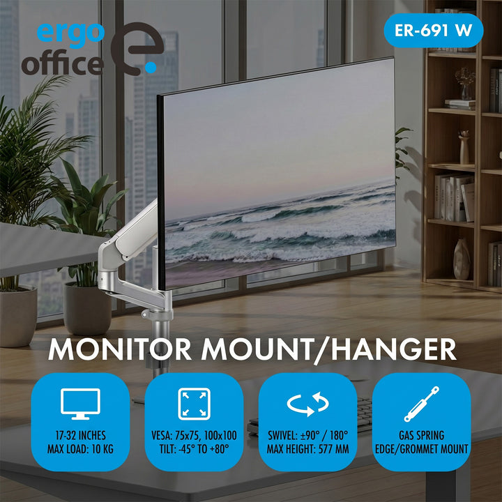 Стойка/закачалка за монитор Ergo Office, с газова пружина, 17"-32", 1-10 кг, матово бяло, макс. VESA 100x100, ER-691 W