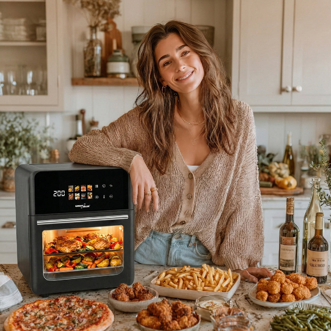 Безмаслена фритюрница AIR FRYER GreenBlue, мощност 1800 W, капацитет 10 л, 8 програми, аксесоари, таймер, GB950