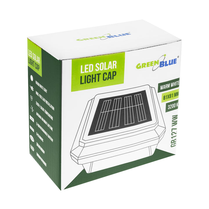 Слънчева LED лампа за стълб GreenBlue, 80x80 мм, конусовиден капак, 3200 K, GB127 WW