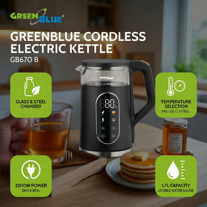 Безжична електрическа кана GreenBlue, капацитет 1,7 л, стъклен резервоар за вода, ясен дисплей, избор на температура, 2200 W, GB670 B