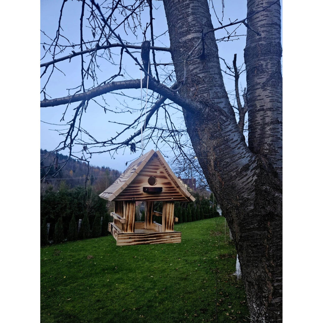 Хранилка за птици Woodok, дървена, изгорена, с кука за закачане + 1 кг семена за птици
