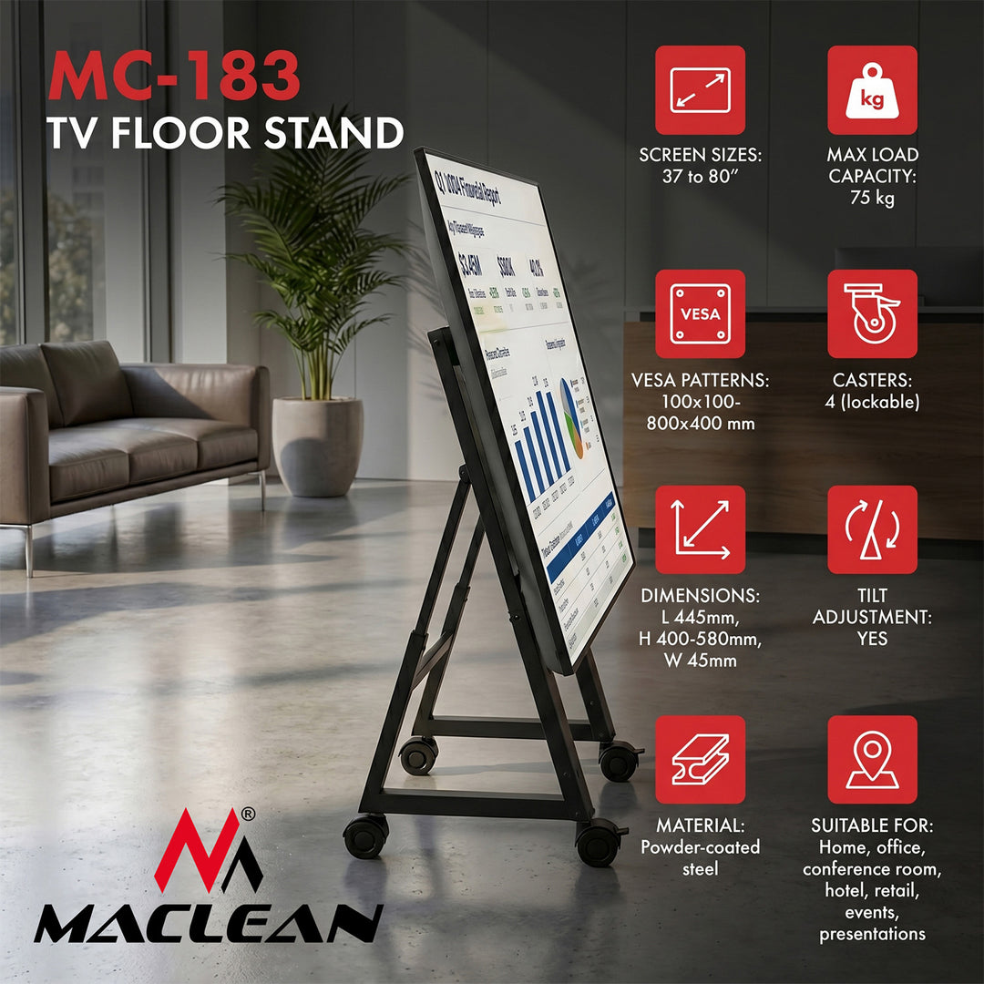 Количка / подова стойка за телевизор Maclean, 37-80", макс. VESA 800x400, макс. 75 кг, мобилна, с блокировка на колелата, MC-183