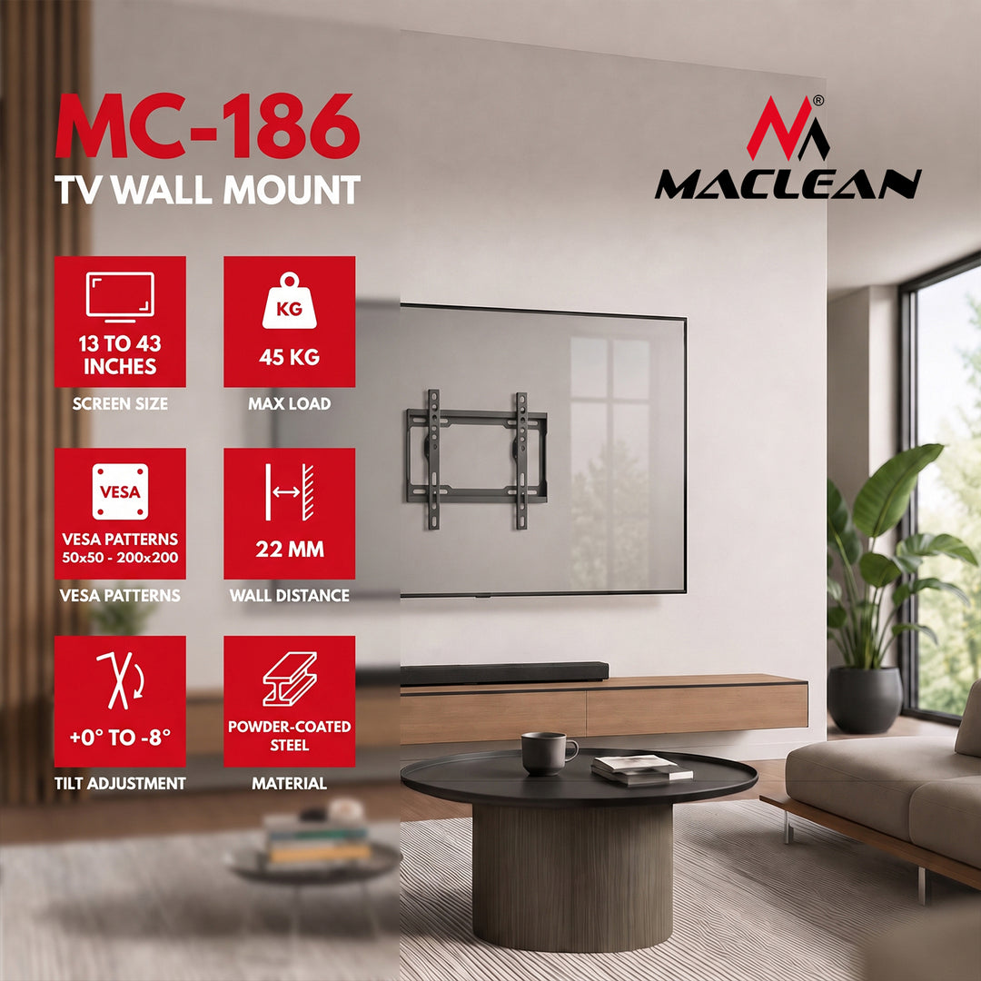 Стойка / закачалка за телевизор Maclean, макс. VESA 200x200, 13-43", до 45 кг, черна, регулиране на наклона 0°~-8°, MC-186