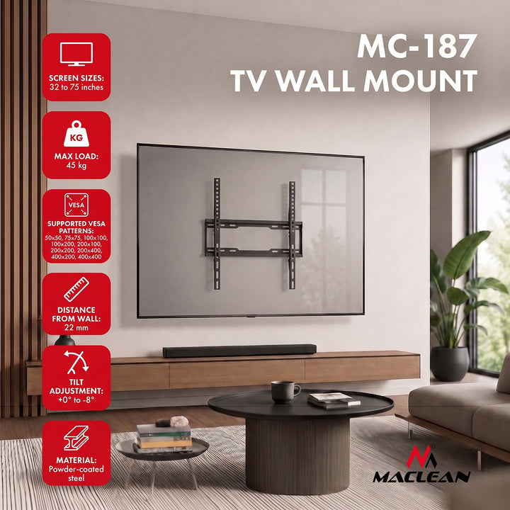 Стойка / закачалка за телевизор Maclean, макс. VESA 400x400, 32-75", до 45 кг, черна, регулиране на наклона 0°~-8°, MC-187