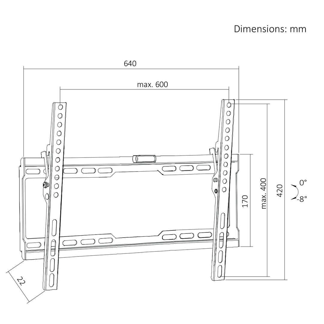 Стойка / закачалка за телевизор Maclean, макс. VESA 600x400, 37-86", до 45 кг, черна, регулиране на наклона 0°~-8°, MC-188