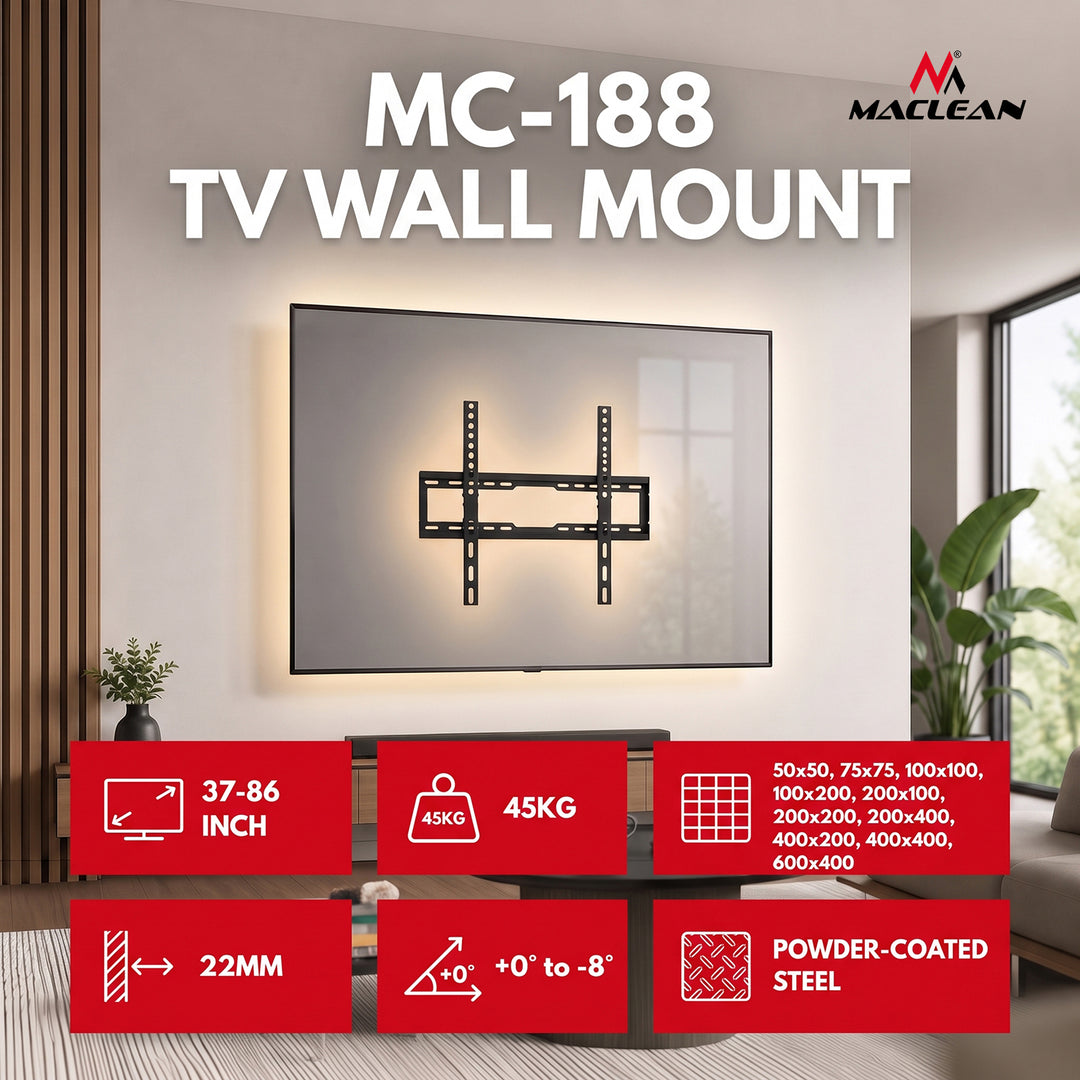 Стойка / закачалка за телевизор Maclean, макс. VESA 600x400, 37-86", до 45 кг, черна, регулиране на наклона 0°~-8°, MC-188