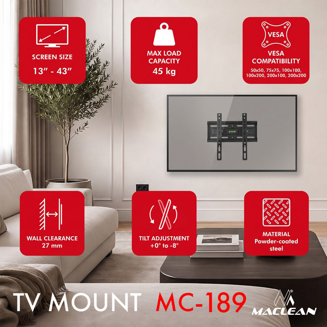 Стойка / закачалка за телевизор Maclean, макс. VESA 200x200, 13-43", до 45 кг, черна, регулиране на наклона +2°~-10°, MC-189