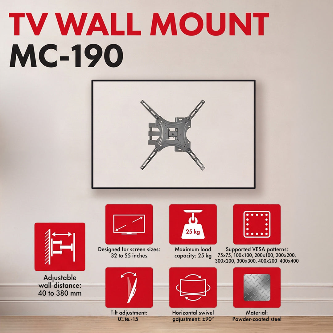 Стойка / закачалка за телевизор Maclean, макс. VESA 400x400, 32-55", до 25 кг, черна, регулиране на наклона 0°~-15° и завъртане +90°~-90°, MC-190