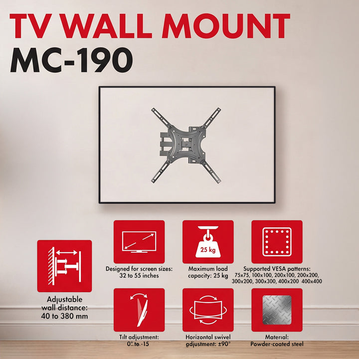 Стойка / закачалка за телевизор Maclean, макс. VESA 400x400, 32-55", до 25 кг, черна, регулиране на наклона 0°~-15° и завъртане +90°~-90°, MC-190