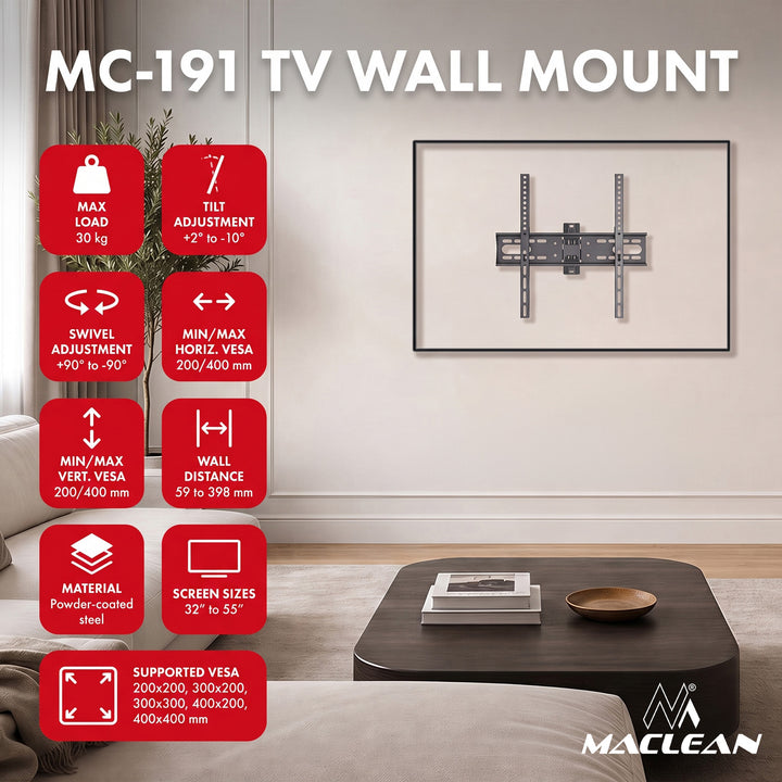 Стойка / закачалка за телевизор Maclean, макс. VESA 400x400, 32-55", до 30 кг, черна, регулиране на наклона +2°~-10° и завъртане +90°~-90°, MC-191