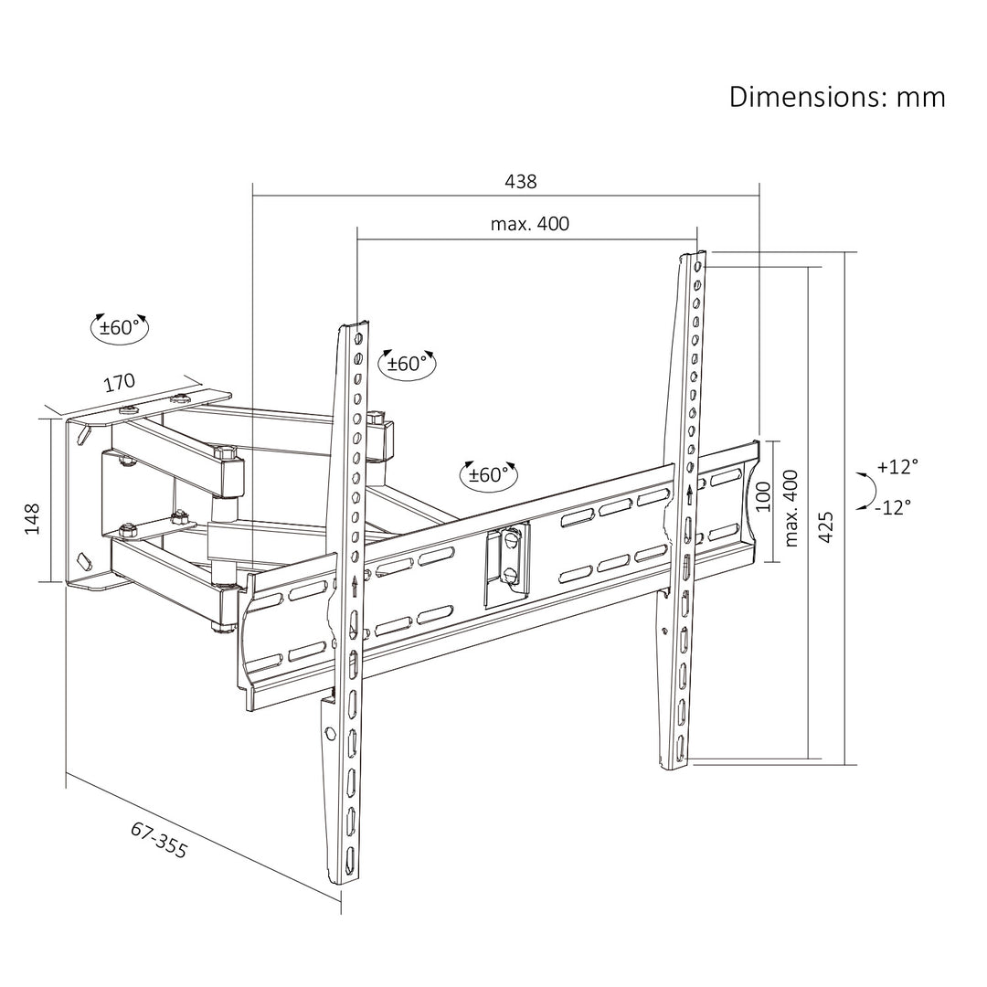 Стойка / закачалка за телевизор Maclean, макс. VESA 400x400, 32-70", до 40 кг, черна, регулиране на наклона +12°~-12° и завъртане +60°~-60°, MC-192