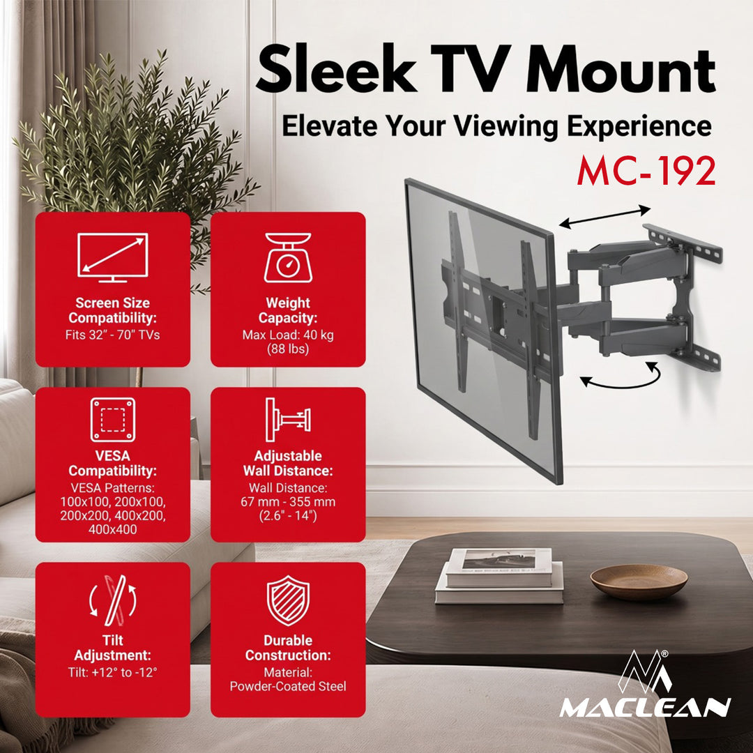 Стойка / закачалка за телевизор Maclean, макс. VESA 400x400, 32-70", до 40 кг, черна, регулиране на наклона +12°~-12° и завъртане +60°~-60°, MC-192
