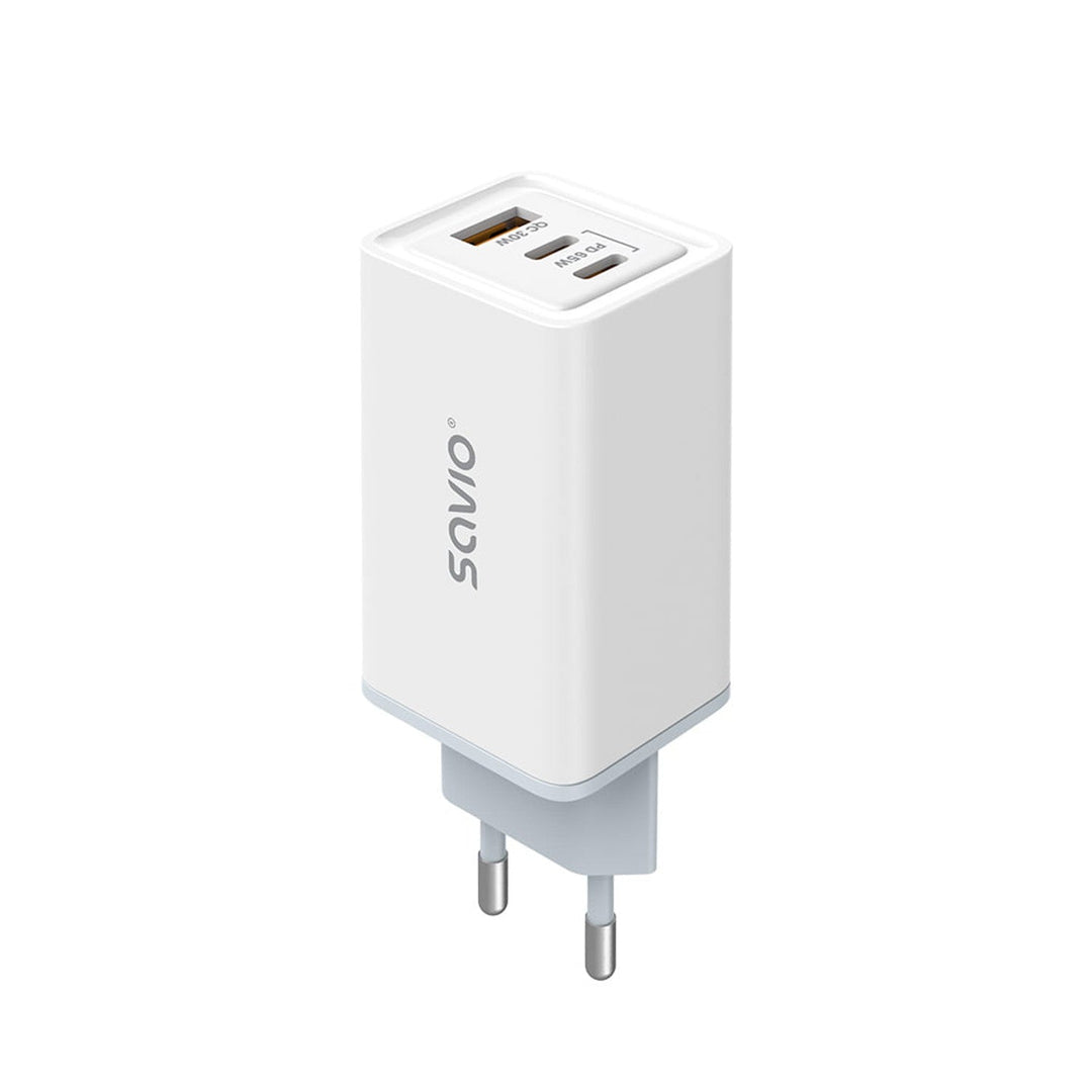 Зарядно устройство Savio, 1x USB-A, 2x USB-C, GaN, 65W, бяло, SAVLA-07