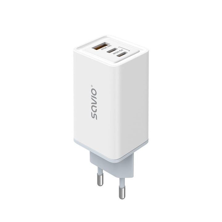 Зарядно устройство Savio, 1x USB-A, 2x USB-C, GaN, 65W, бяло, SAVLA-07