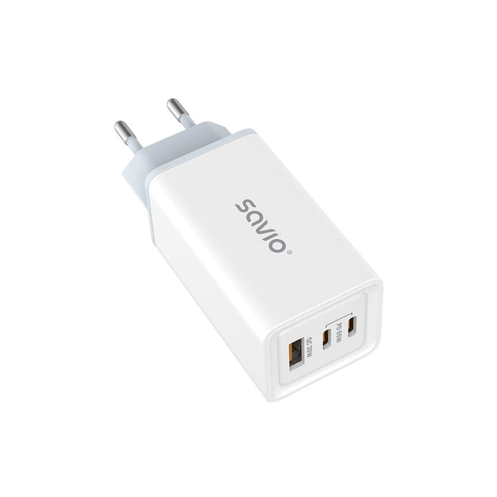 Зарядно устройство Savio, 1x USB-A, 2x USB-C, GaN, 65W, бяло, SAVLA-07
