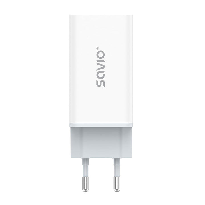 Зарядно устройство Savio, 1x USB-A, 2x USB-C, GaN, 65W, бяло, SAVLA-07