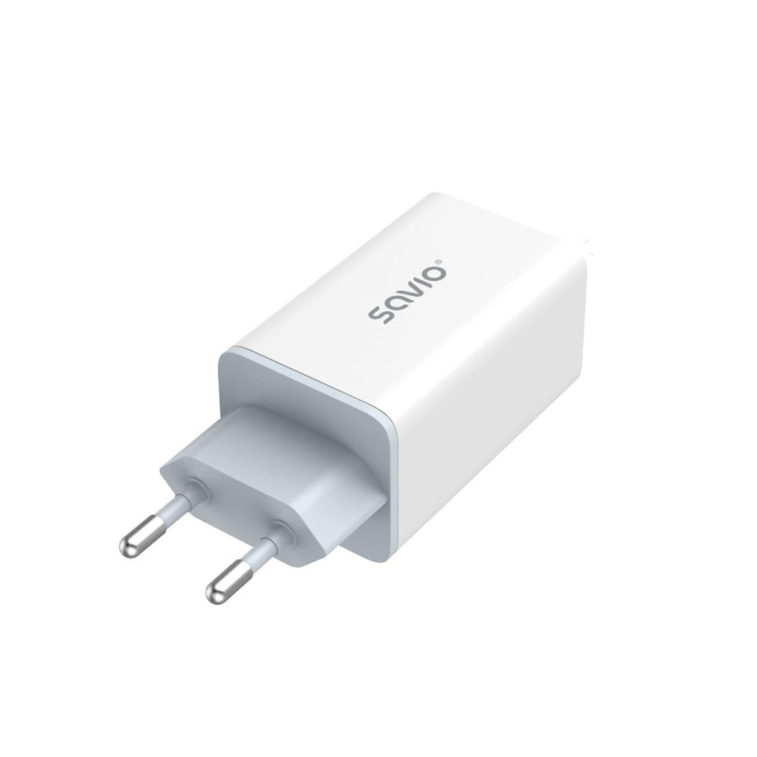 Зарядно устройство Savio, 1x USB-A, 2x USB-C, GaN, 65W, бяло, SAVLA-07
