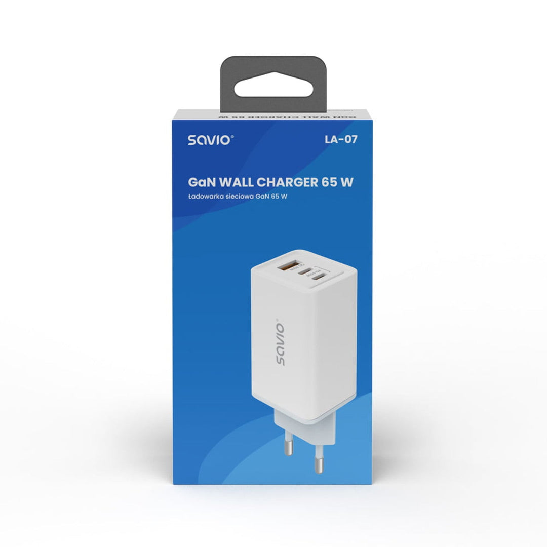 Зарядно устройство Savio, 1x USB-A, 2x USB-C, GaN, 65W, бяло, SAVLA-07