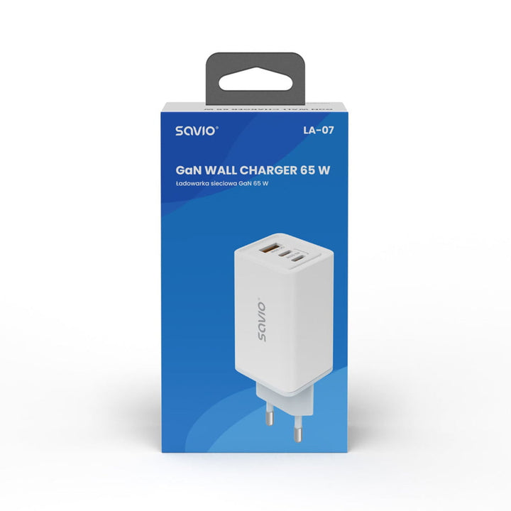 Зарядно устройство Savio, 1x USB-A, 2x USB-C, GaN, 65W, бяло, SAVLA-07