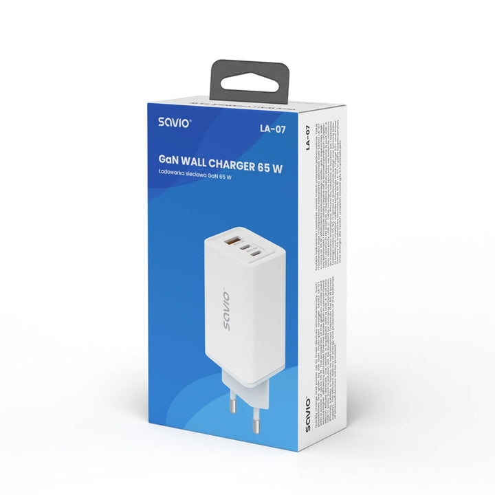 Зарядно устройство Savio, 1x USB-A, 2x USB-C, GaN, 65W, бяло, SAVLA-07