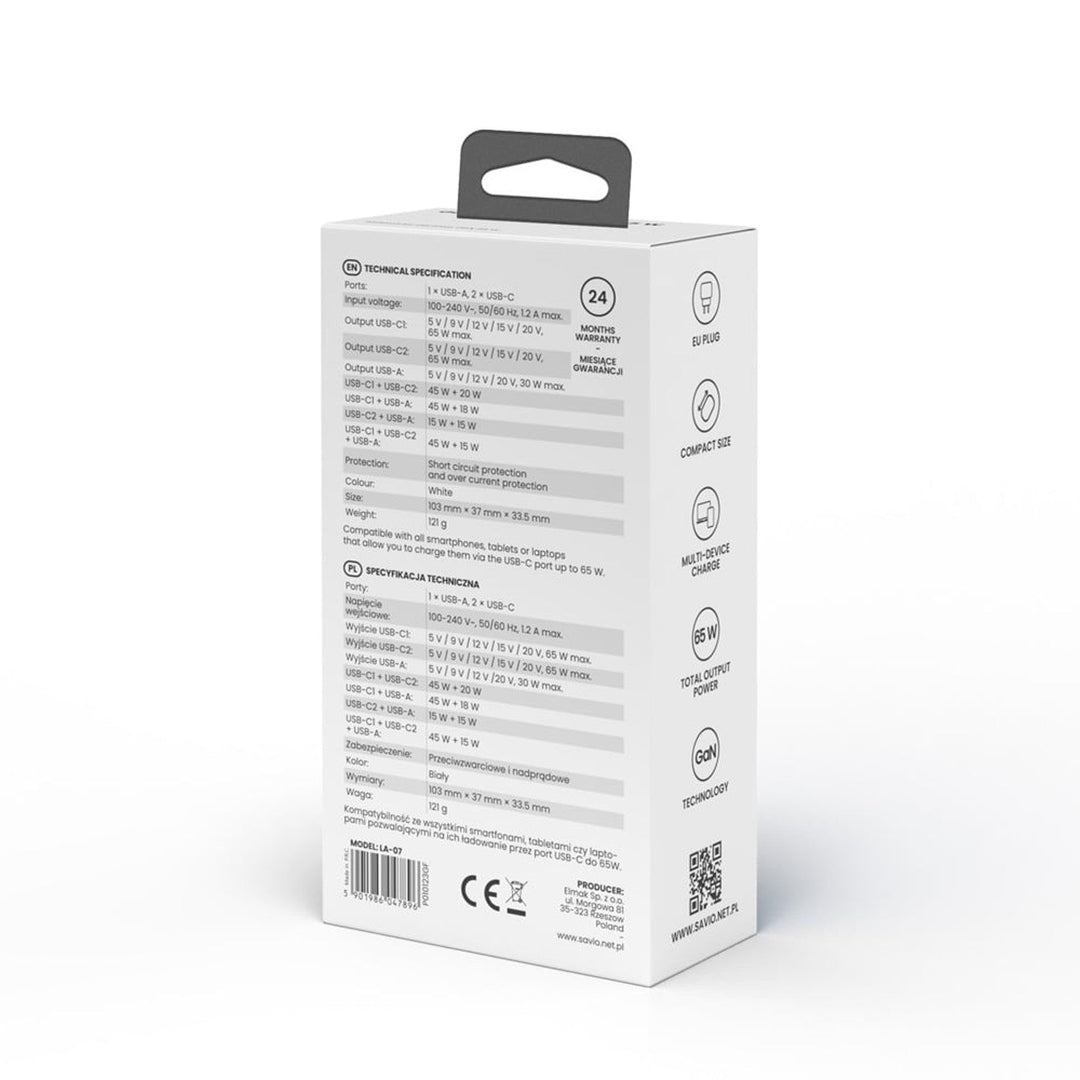 Зарядно устройство Savio, 1x USB-A, 2x USB-C, GaN, 65W, бяло, SAVLA-07