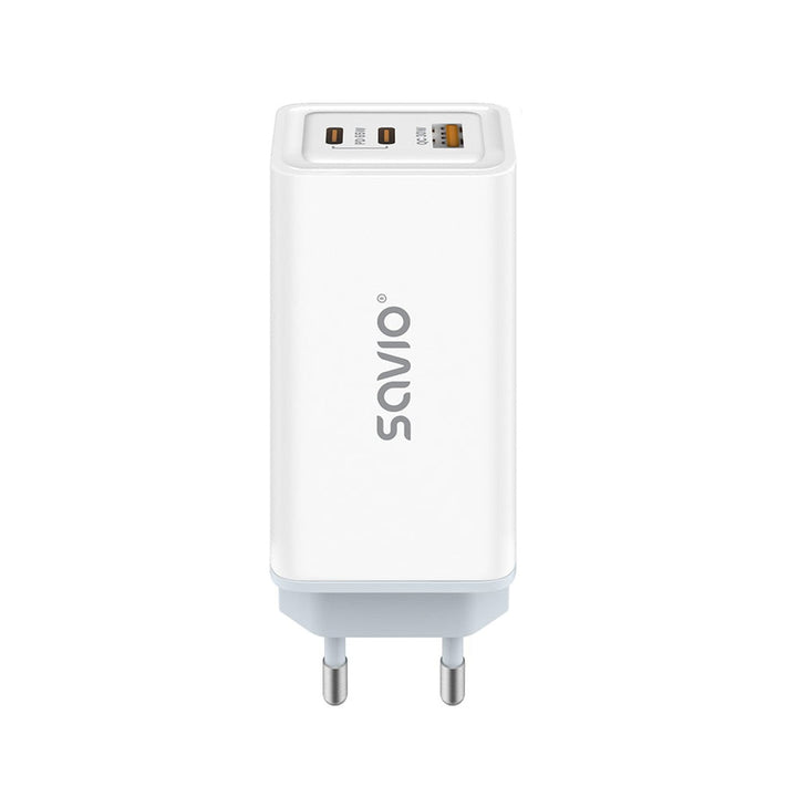 Зарядно устройство Savio, 1x USB-A, 2x USB-C, GaN, 65W, бяло, SAVLA-07