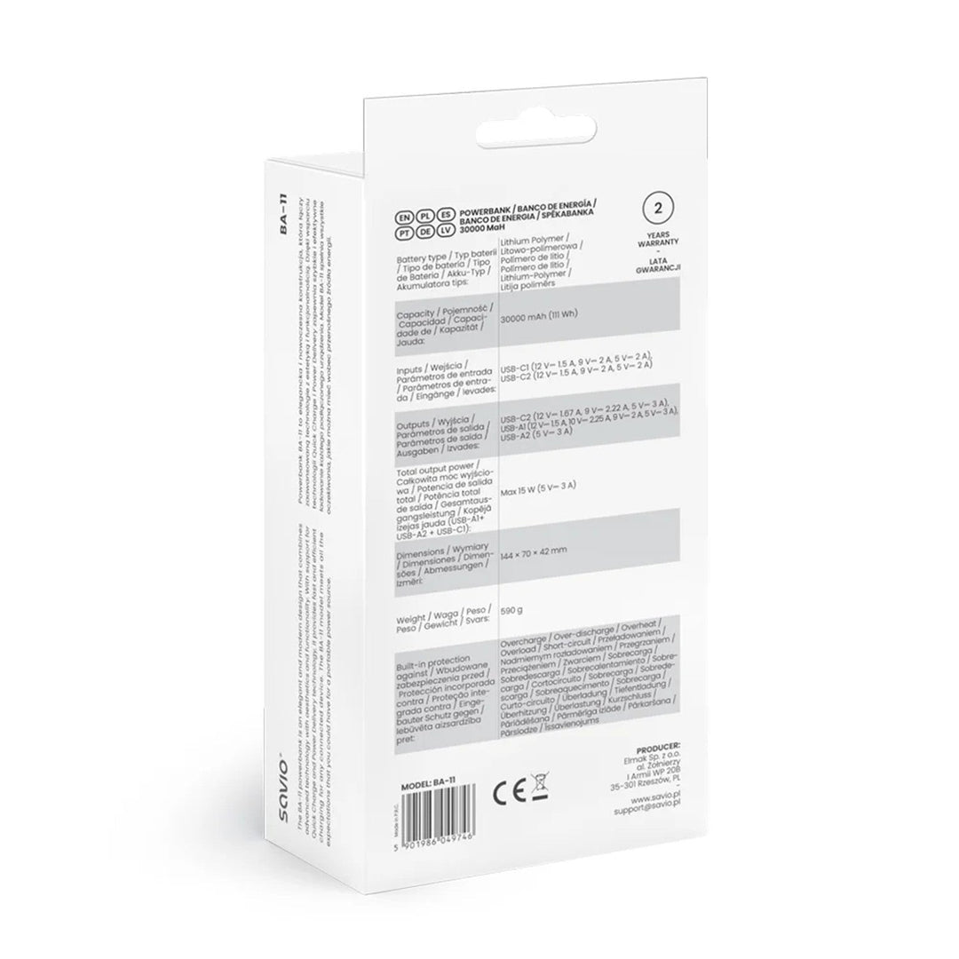 Powerbank SAVIO, 2 USB порта, 1 USB-C порт, Quick Charge, Power Delivery, SAVBA-11
