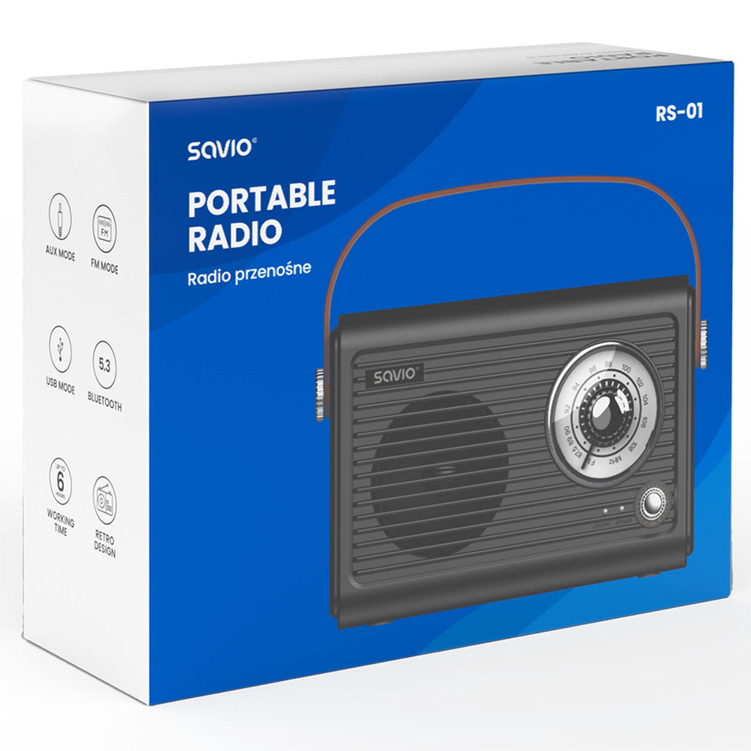 Преносимо FM радио Savio, акумулаторно захранване, Bluetooth, AUX, SAVRS-01