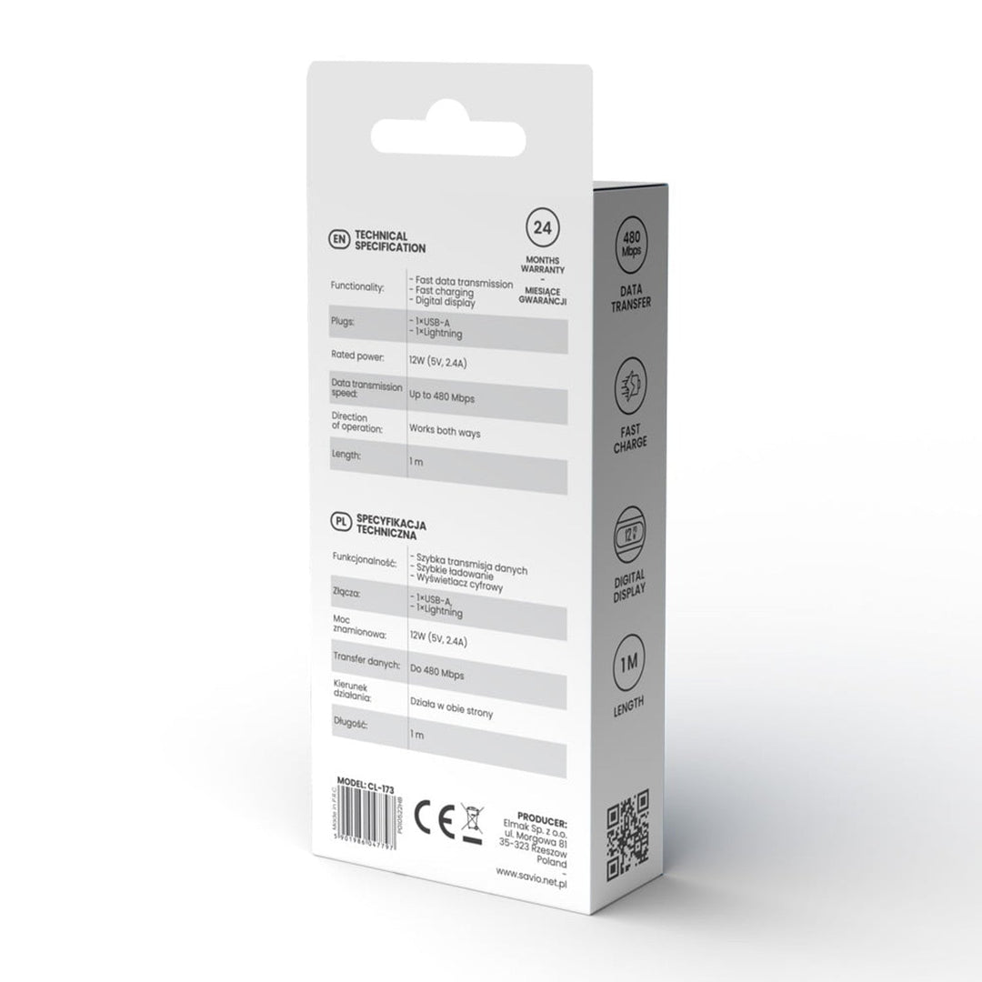 Кабел Savio USB към Lightning, цифров дисплей, дължина 1 м, SAVKABELCL-173