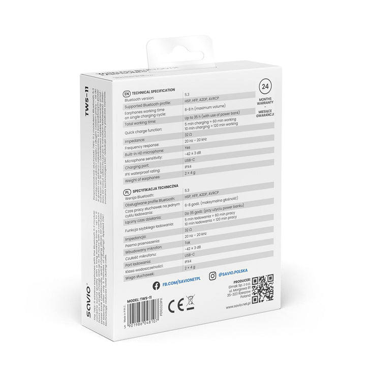 Безжични слушалки Savio, Bluetooth 5.3, ENC, USB-C, черни, SAVSLTWS-11