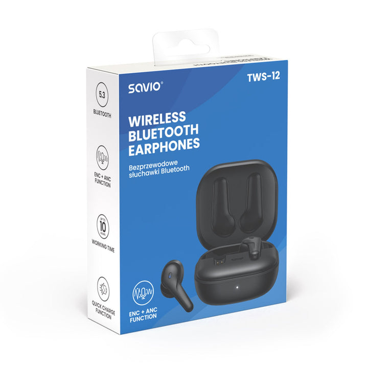 Безжични слушалки Savio, Bluetooth 5.3, ANC, USB-C, черни