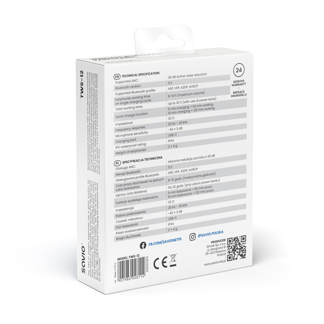 Безжични слушалки Savio, Bluetooth 5.3, ANC, USB-C, черни