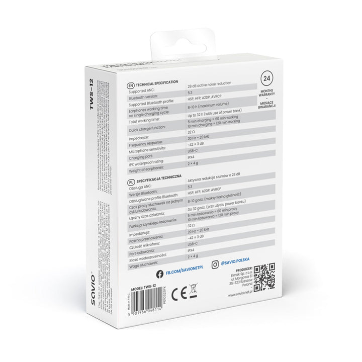 Безжични слушалки Savio, Bluetooth 5.3, ANC, USB-C, черни