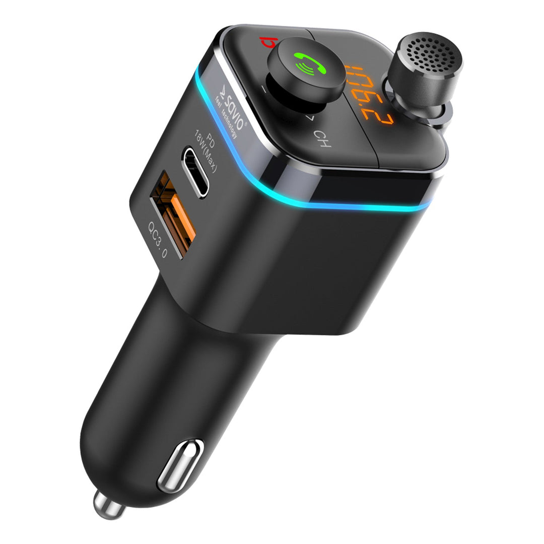 Savio MP3 автомобилен предавател, Bluetooth 5.0, функция за зареждане, черен, SAVFMTRANSTR-12