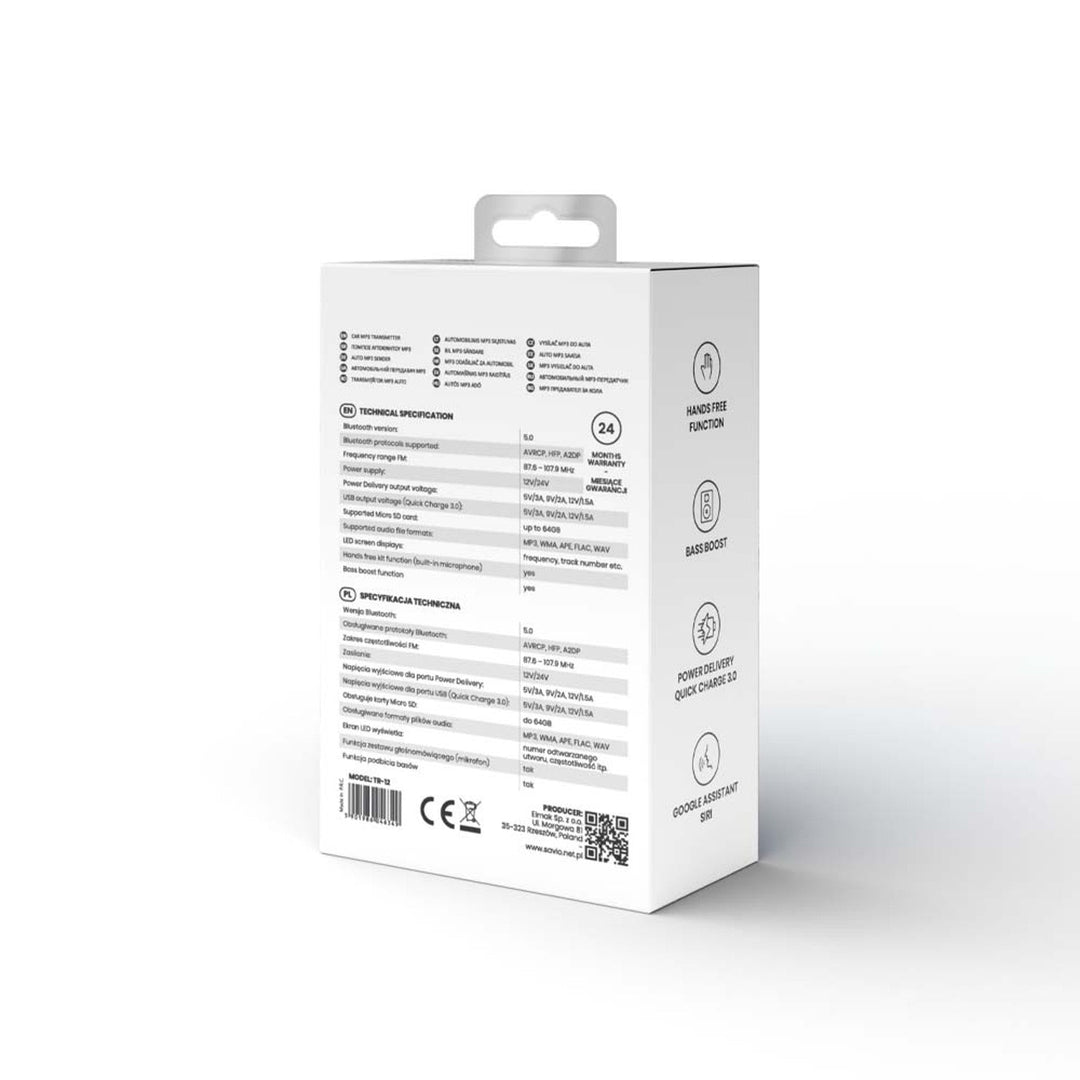 Savio MP3 автомобилен предавател, Bluetooth 5.0, функция за зареждане, черен, SAVFMTRANSTR-12
