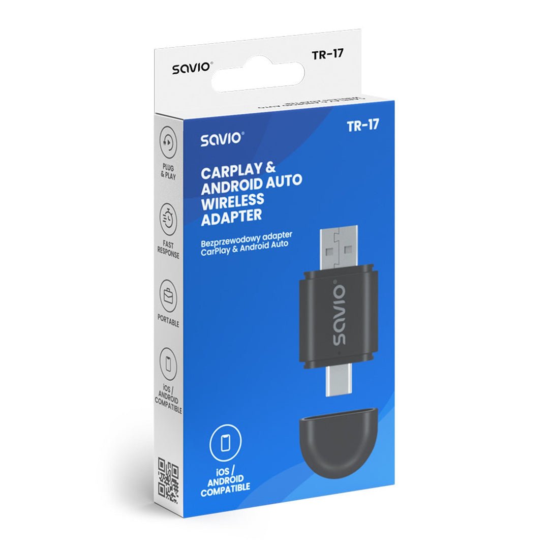 Безжичен адаптер Savio, CarPlay, Android Auto, Bluetooth, Wi-Fi, SAVTR-17