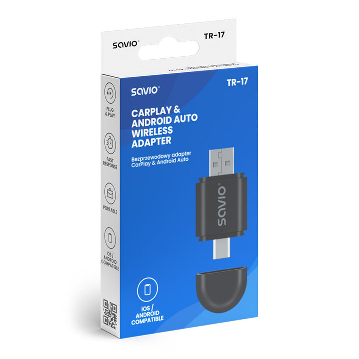 Безжичен адаптер Savio, CarPlay, Android Auto, Bluetooth, Wi-Fi, SAVTR-17