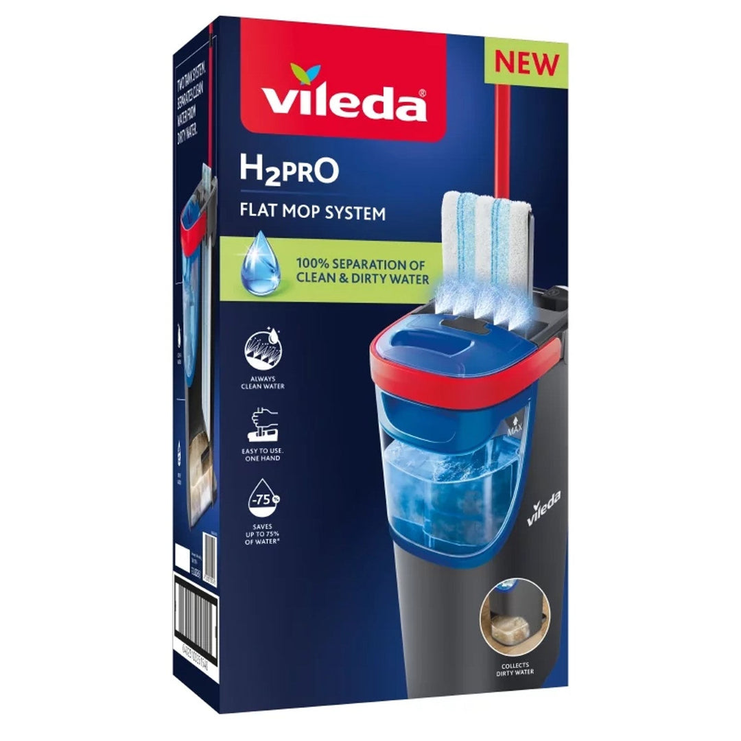 Плоска моп Vileda H2prO, 100% разделяне на чиста и мръсна вода, два резервоара, микрофибърна подложка, 360° накрайник, 175774