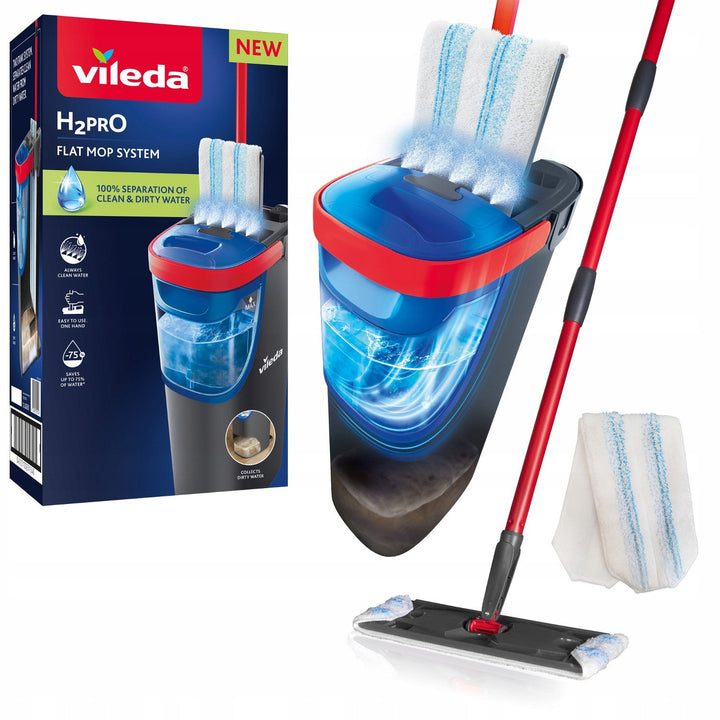 Плоска моп Vileda H2prO, 100% разделяне на чиста и мръсна вода, два резервоара, микрофибърна подложка, 360° накрайник, 175774