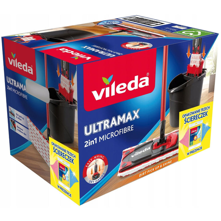 Комплект с плоска моп + кофа + 3 кърпи Vileda, Ultramax BOX, система за изстискване без допир, два вида влакна, 177453